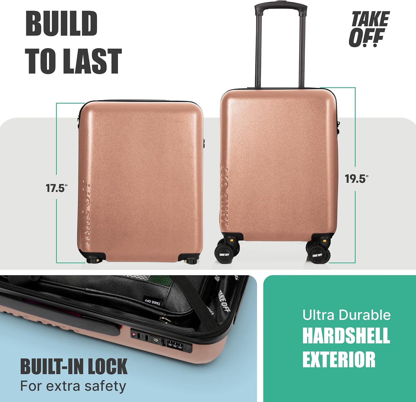 Take OFF Luggage Personal Item 3.0 – 18x14x8 Underseat Carry On with Removable Wheels – TSA Lock, Hardshell Suitcase – Fits Tight Airline Size Rules – No-Fee Lightweight Travel Bag