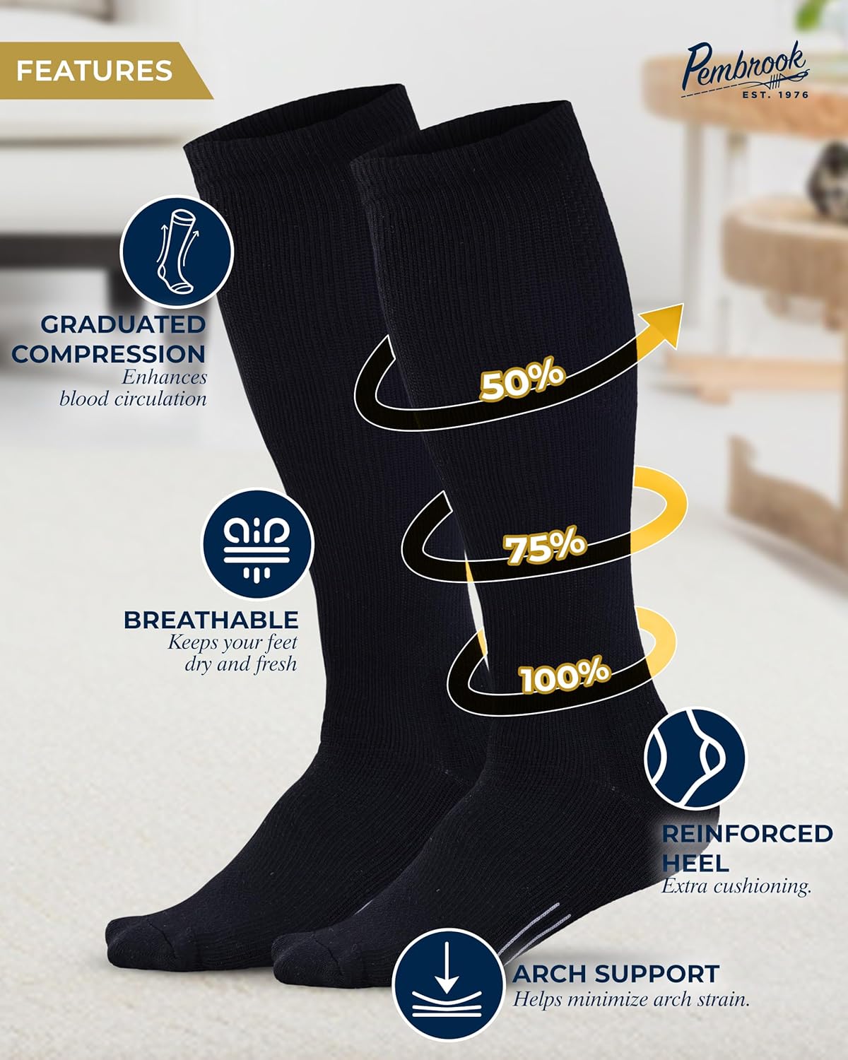 Pembrook Light Compression Socks for Men - 3 Pairs | 8-15 mmhg Compression Dress Socks for Men | Support Socks for Men