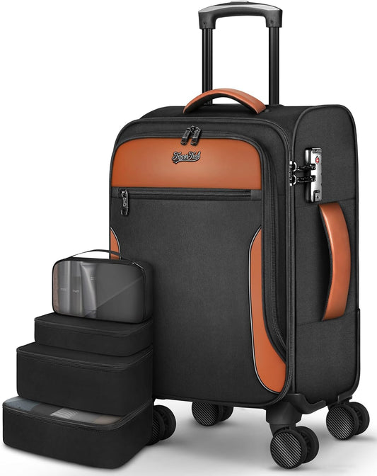 Carry On Luggage 22x14x9 Airline Approved, 20 Inch Softside Suitcase with 4 Pcs, Lightweight Luggage for Women Men with TSA Lock and 4 Spinner Wheels, Soft Side Carry-on Suitcases for Travel