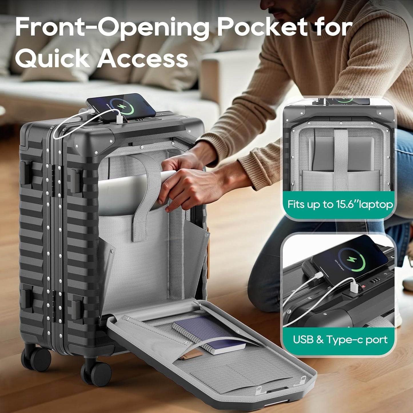 Joyway 20 Inch Carry on Luggage with Aluminium Frame and Front Pocket, PC Hardshell Suitcase with USB Port and Cup Holder, 21.5x14.2x9 Airline Approved, Luggage with Spinner Wheels and TSA Lock (Grey)