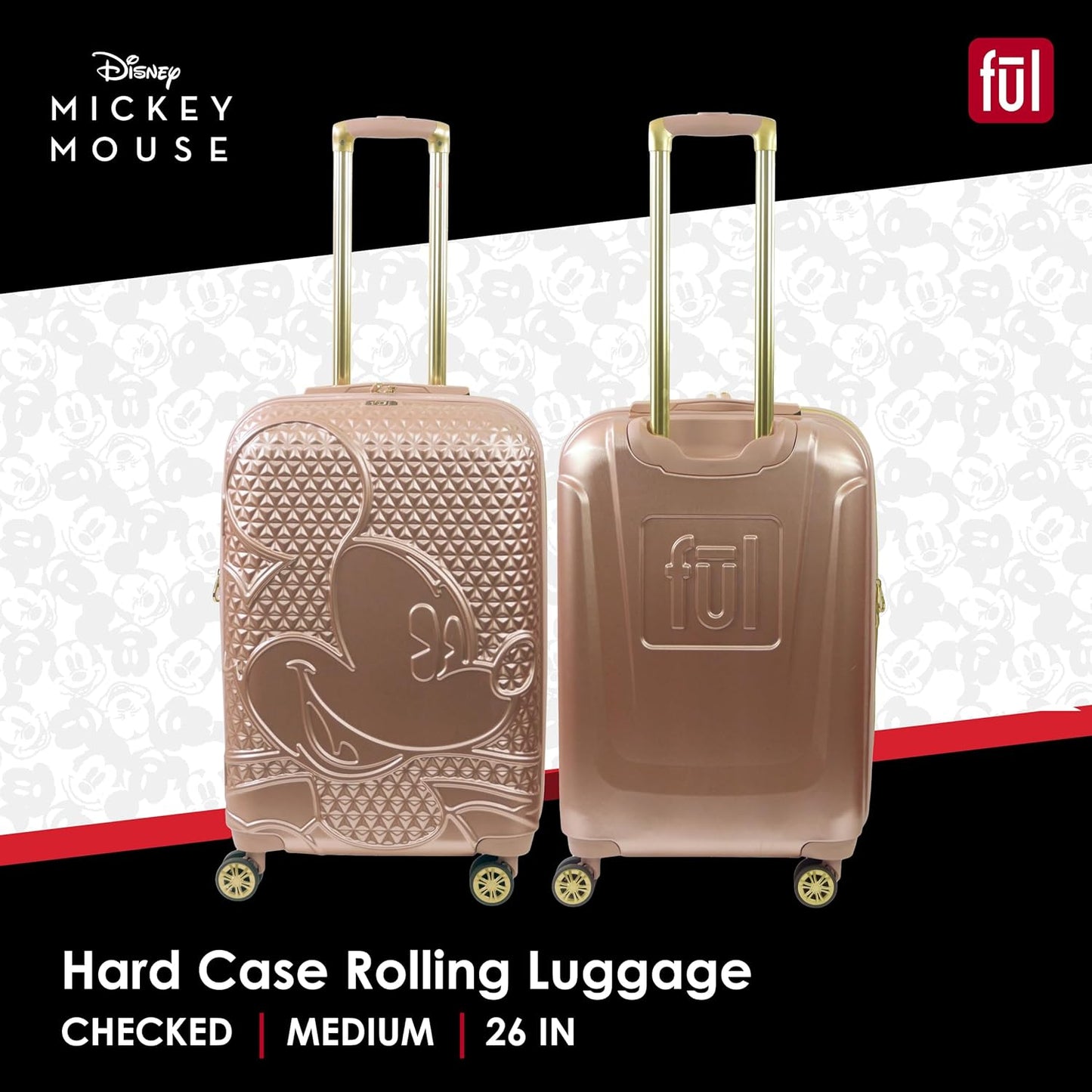 FUL Disney 26 Inch Rolling Luggage, Hardshell Suitcase with Spinner Wheels, Mickey Mouse-Rose Gold