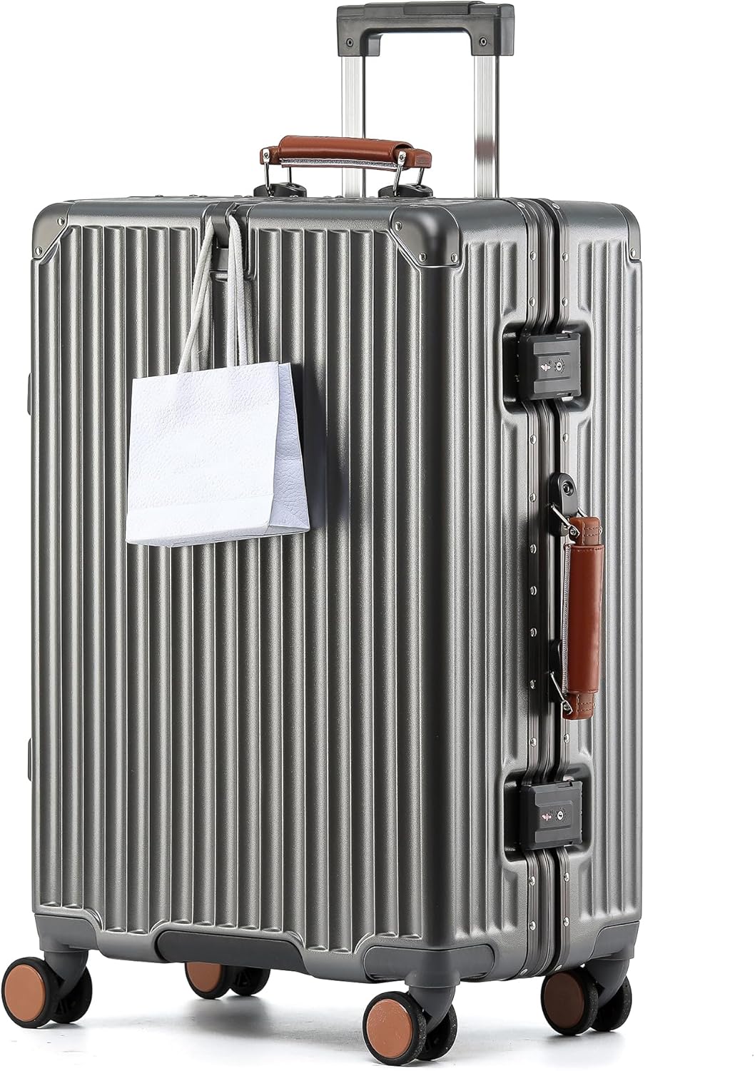 26 Inch Hardside Checked Luggage with Leather Handle, PC Zipperless Suitcase with Spinner Wheels and TSA Locks, Lightweight Checked Luggage for Travel, Grey