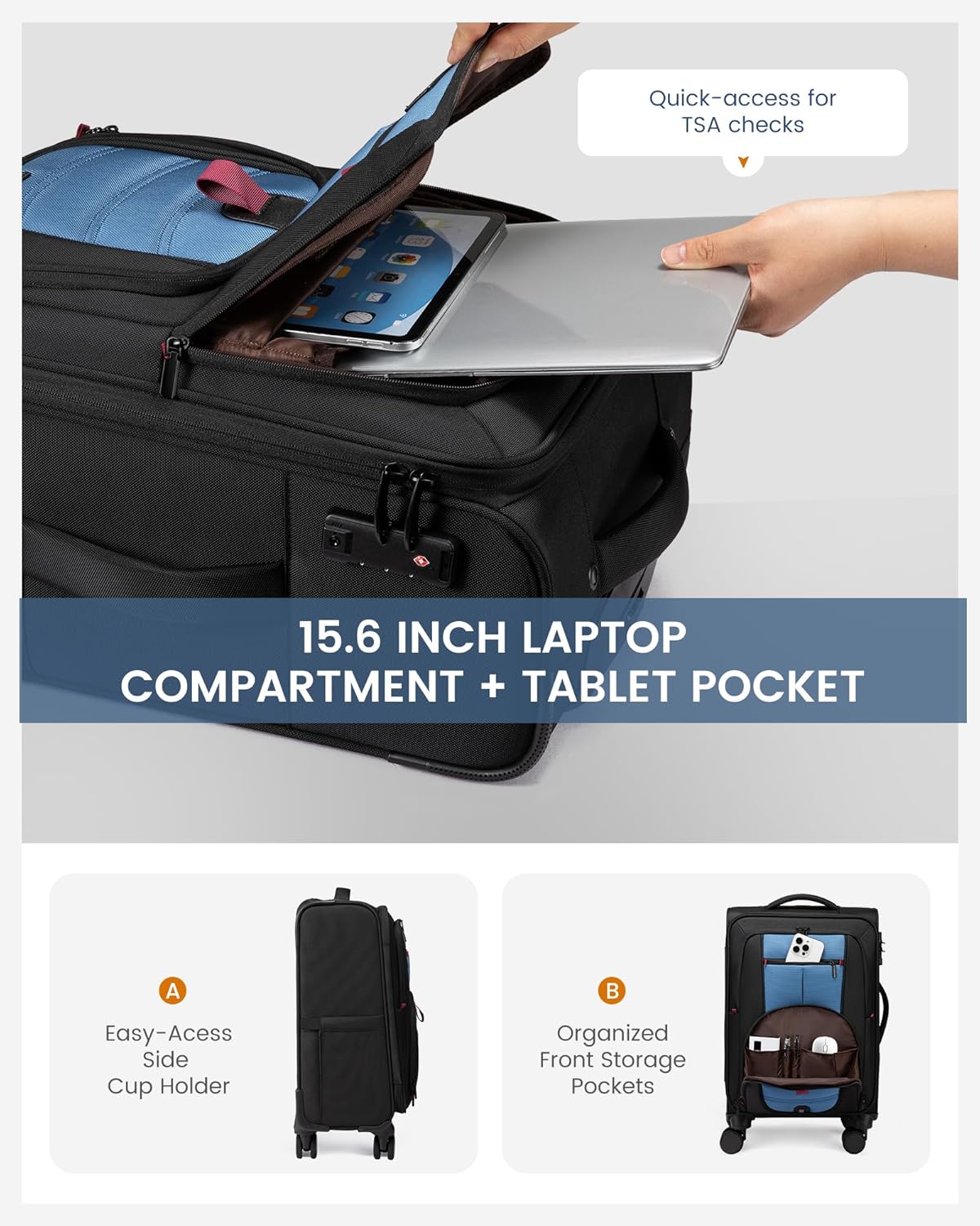 Carry On Luggage 22x14x9 Airline Approved, 22-Inch Suitcases with Spinner Wheels, Softside Carry-on Luggage with TSA Lock for Men Women Business Trip, Lightweight Large Capacity Luggage for Travel