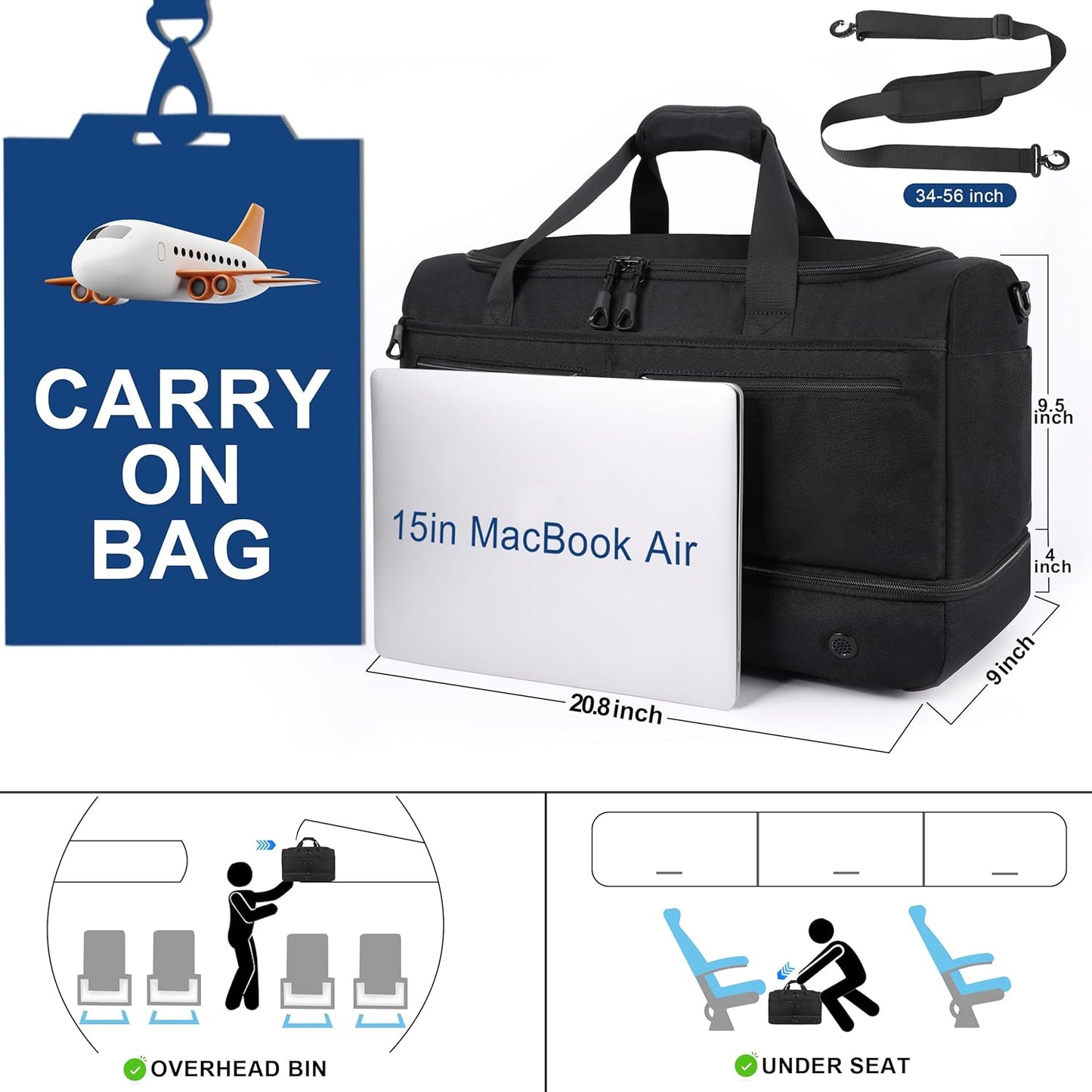 Travel Bags for Men, YKK Zipper Mens Carry On Duffle Weekender Overnight Duty Bag with Shoe Compartment & Wet Pocket & RFID Blocking Pouch