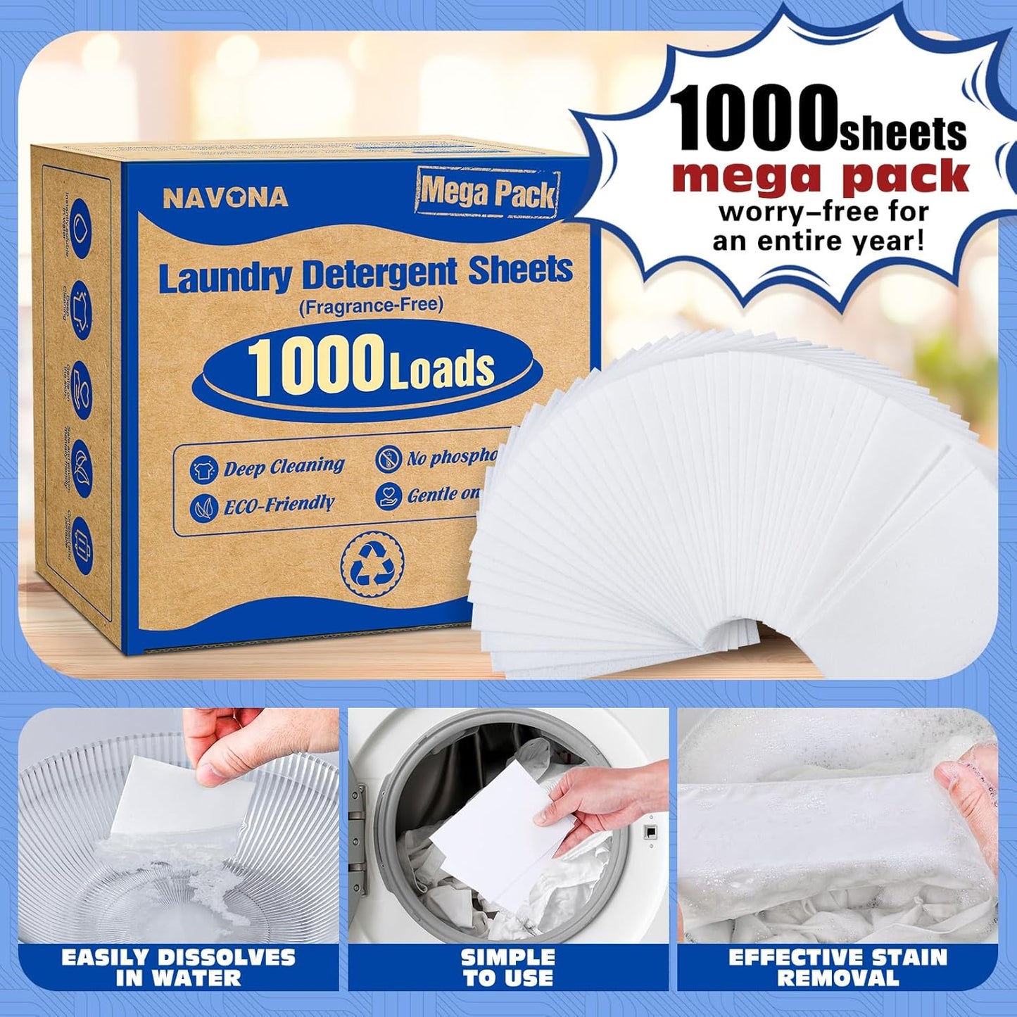 1000 Loads Mega Pack Laundry Detergent Sheets, Eco-friendly Laundry Sheets, Powerful Cleaning, Suitable for Homes, Dorms, and Apartments- [Fragrance-Free]