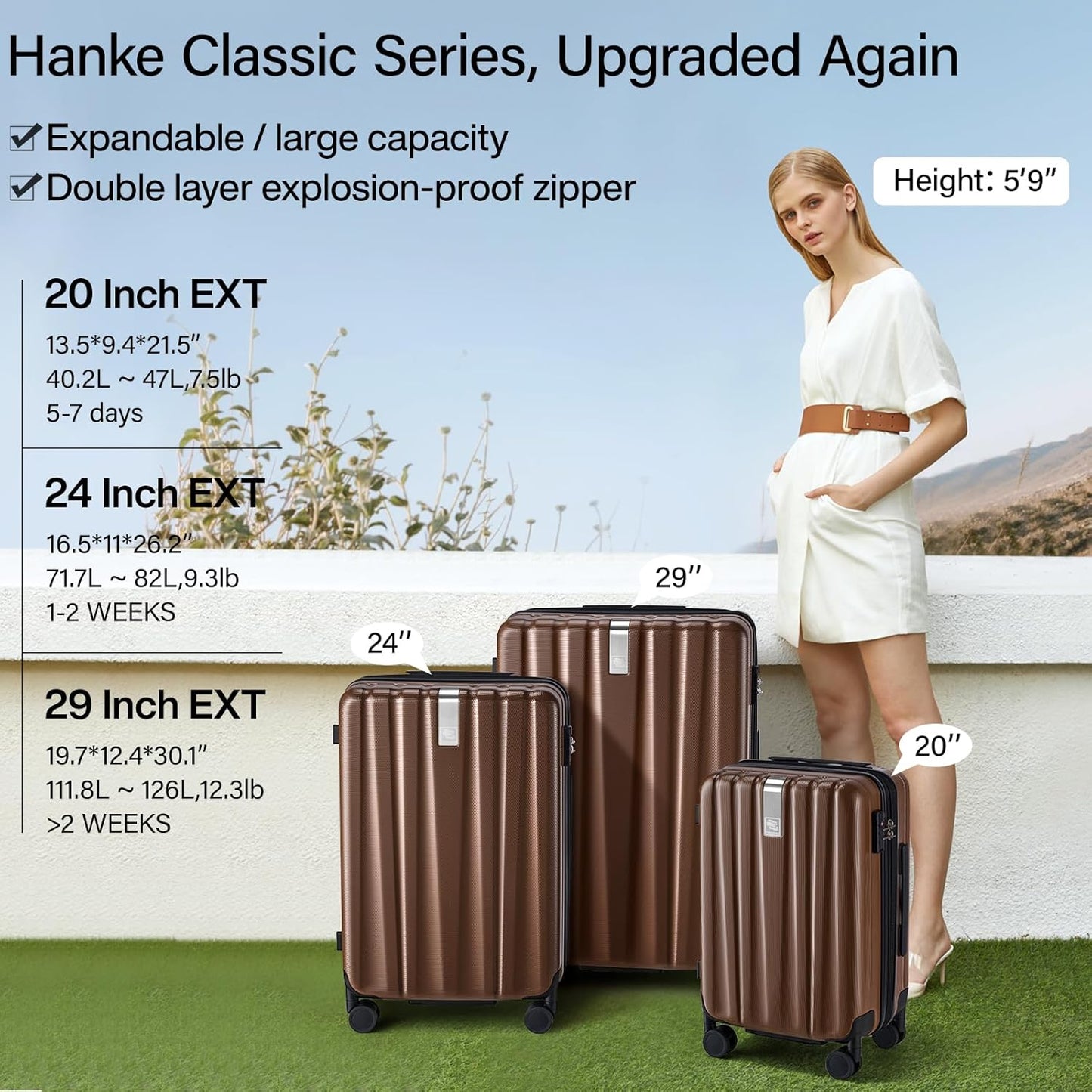 Hanke Expandable Hardshell Luggage Sets 3 piece Carry On Luggage with Wheels Suitcases Lightweight Checked Tsa Luggage Rolling Large Suitcase Travel Luggage Bag Woman Men 20/24/29 Inch(Brown)