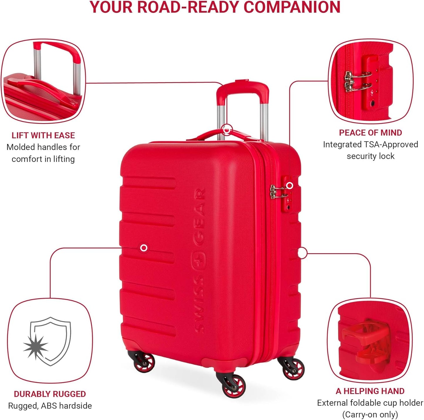 SwissGear 7366 Signature Hardside Expandable Luggage with Spinner Wheels, TSA Lock, Cup-Holder, Red, Carry-On 19-Inch