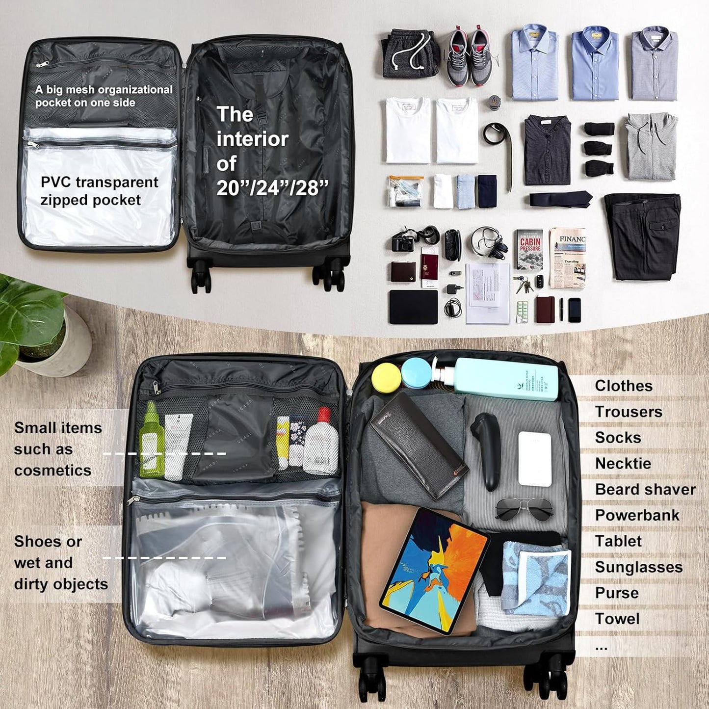 Verdi Softside Expandable 24 Inch Luggage with Spinner Wheels Lightweight Suitcase (Black, Checked-Large 24-Inch)