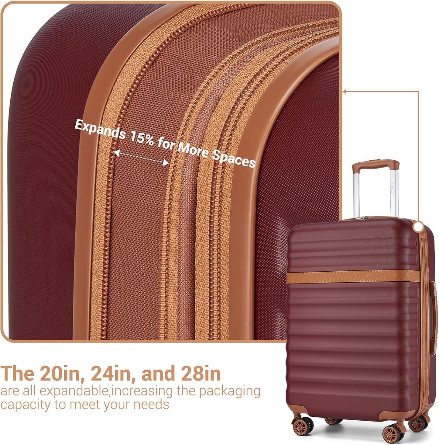 Kono Luggage Set 3 Pieces Expandable PC ABS Durable Suitcase Hardside with Double Spinner Wheels Tsa Lock Burgundy(20in/24in/28in)