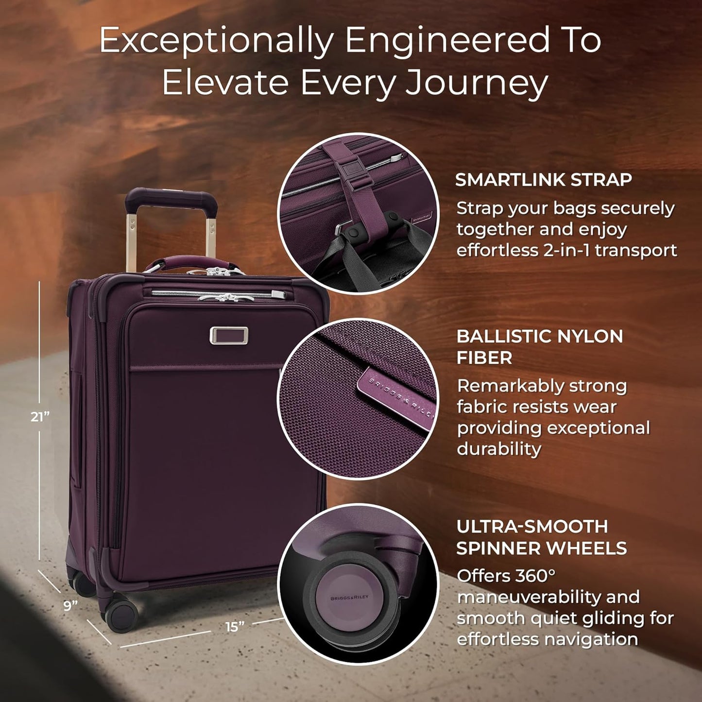 Briggs & Riley 21" Global Carry On Expandable Spinner - Luggage for International Travel, Suitcases with Wheels, Softside Rolling Bag for Men & Women, Self-Repairing Zipper - Baseline Collection, Plum