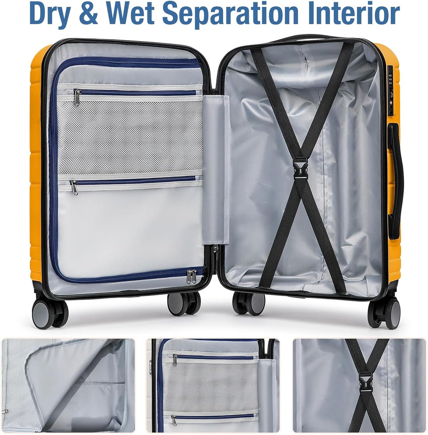 KYME Carry On Luggage 22x14x9 Airline Approved with TSA Lock Hard Shell Carry On Suitcase Lightweight Suitcases with Wheels Small Luggage for Men Women,Carry-On 20 Inch,Yellow