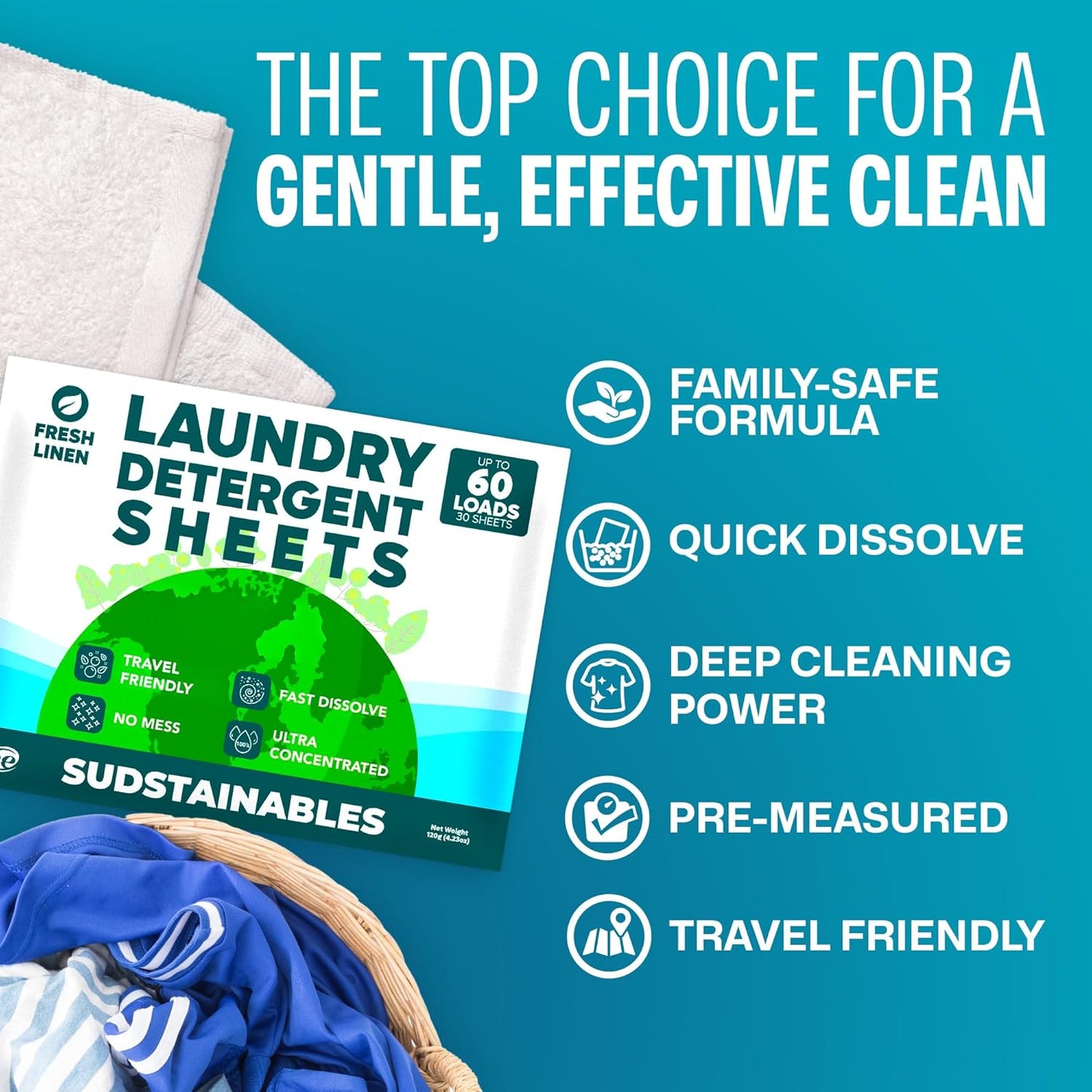 Sudstainables Laundry Detergent Sheets 60 Loads – Dissolvable Laundry Sheet for Washing Machines, Compact Alternative to Liquid & Powder Detergent, Travel-Friendly Soap | Fresh Linen
