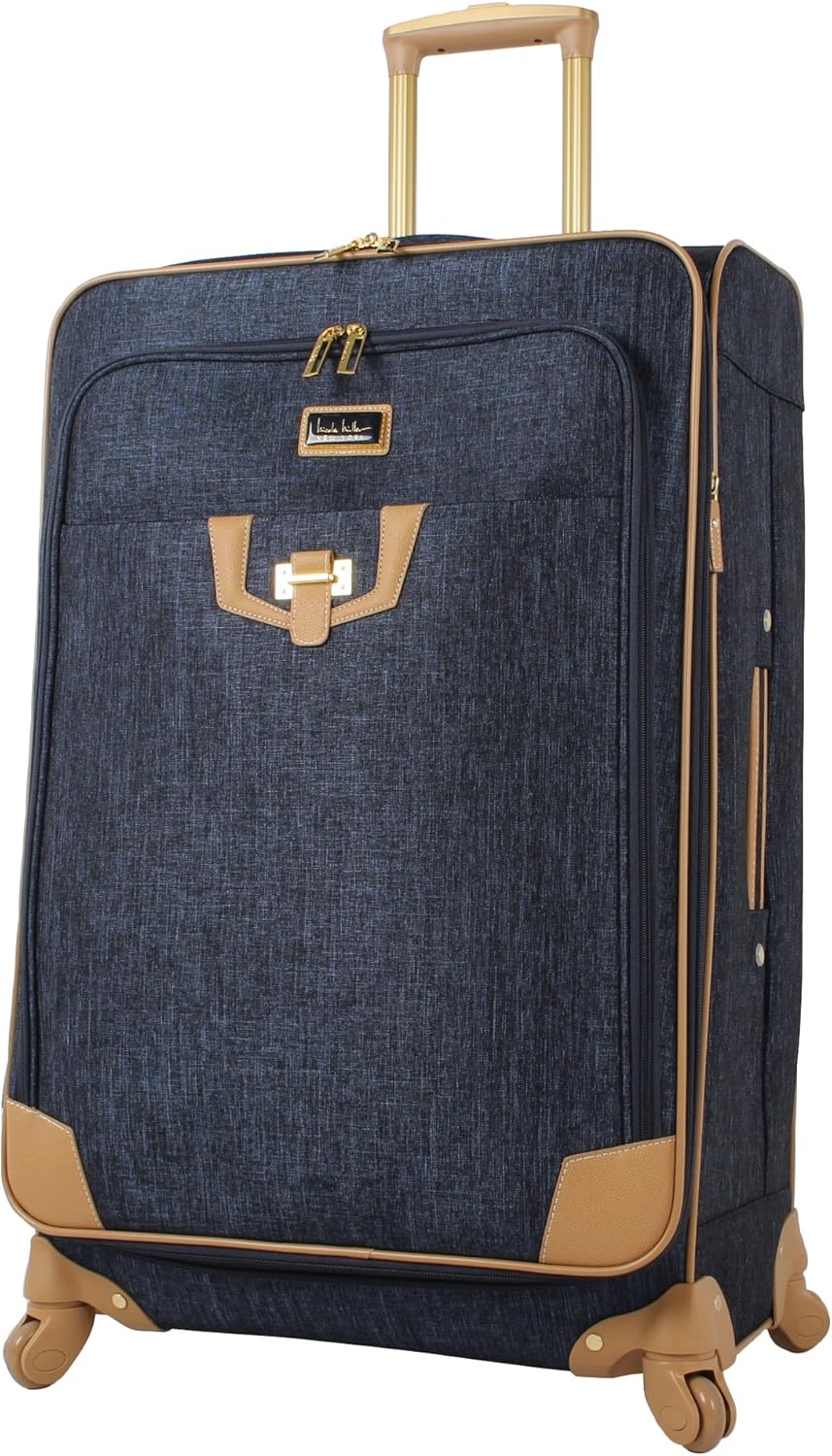 Nicole Miller New York Luggage Collection - Designer Lightweight Softside Expandable Suitcase- 20 Inch Carry On Bag with 4-Rolling Spinner Wheels (Paige Navy)