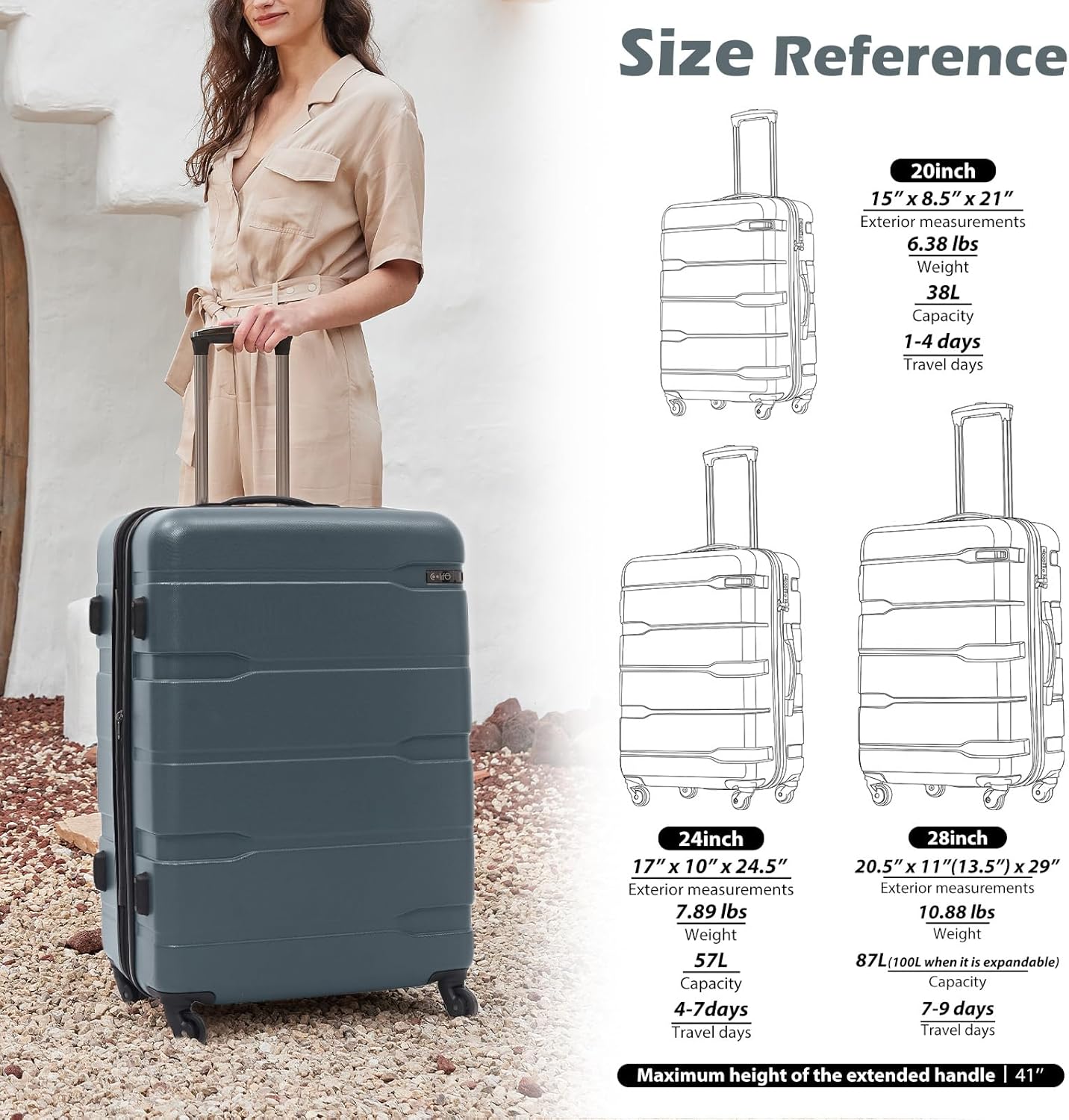 Coolife Luggage PC+ABS Hardshell Suitcase with TSA Lock, Spinner Carry On Lightweight (Teal, 20in)