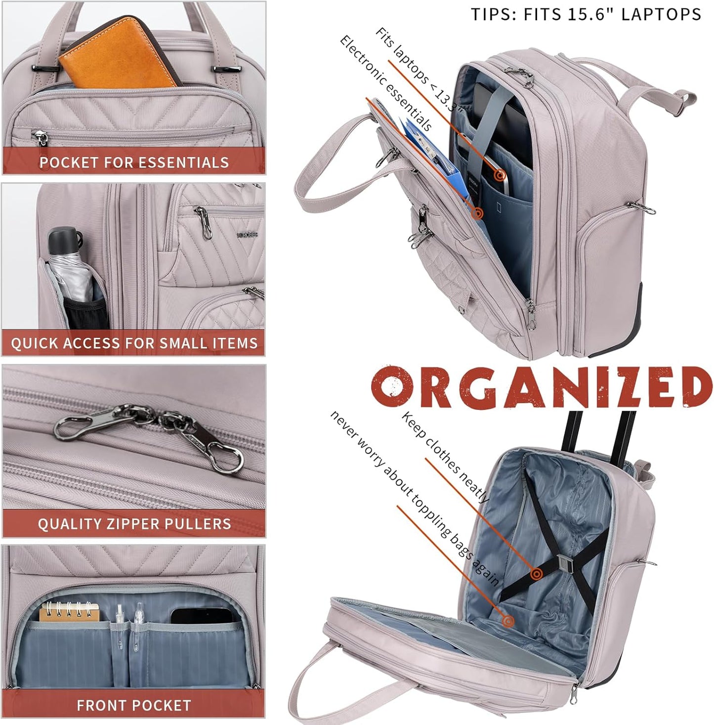 KROSER Carry On Underseat Multi-functional, 16-inch Underseater Lightweight Overnight Suitcase for Women, Dusty Pink