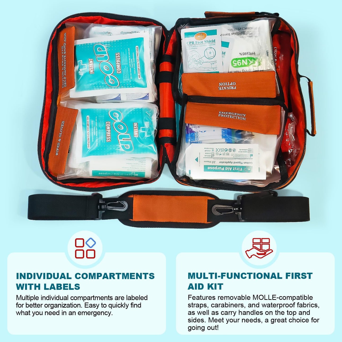 Professional 435 Pieces Large First Aid Kit - Includes CPR & Compressed Gauze - Compartments Emergency Medical Kit for Home, Camping, Backpacking, Travel, Boat, Car,Outdoors(Orange)
