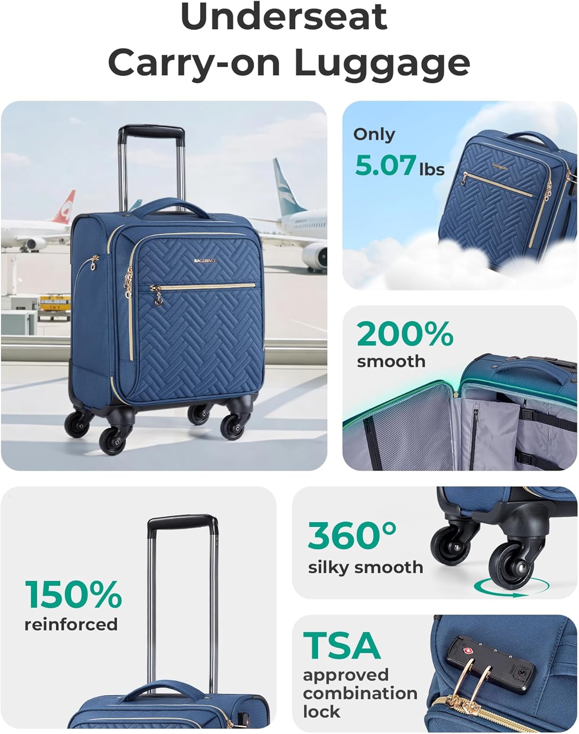 BAGSMART Underseat Carry On luggage Airline Approved, 16-inch Small Softside Underseater Travel Suitcase with Spinner Wheels Overnight Bag Small Rolling Carry-on for Women Men Weekender, Navy Blue