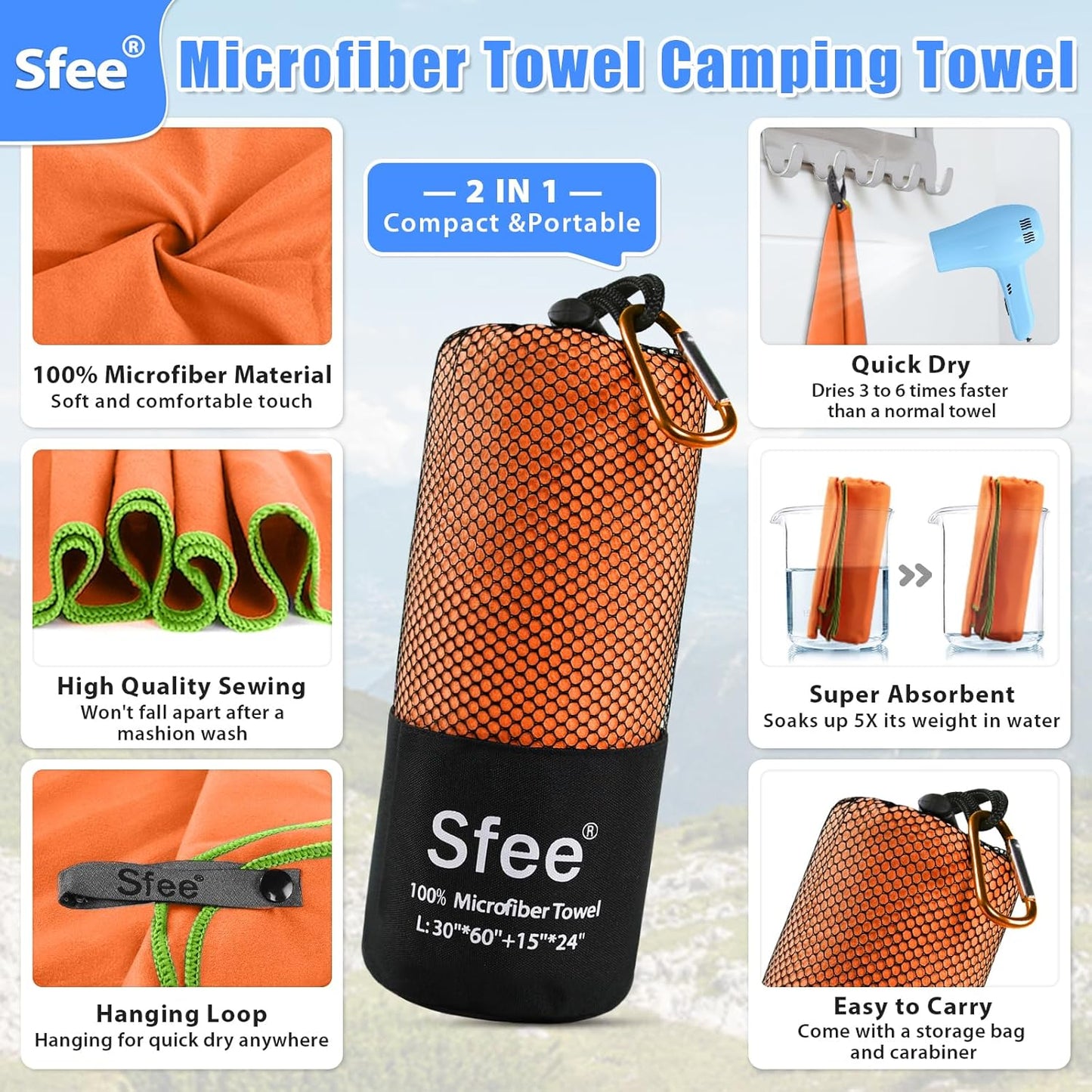 Sfee 2 Pack Microfiber Travel Towel, Quick Dry Towel Camping Towel Super Absorbent Compact Lightweight Sports Swim Gym Towel Beach Towels Set for Gym, Hiking, Pool, Backpacking, Bath, Yoga