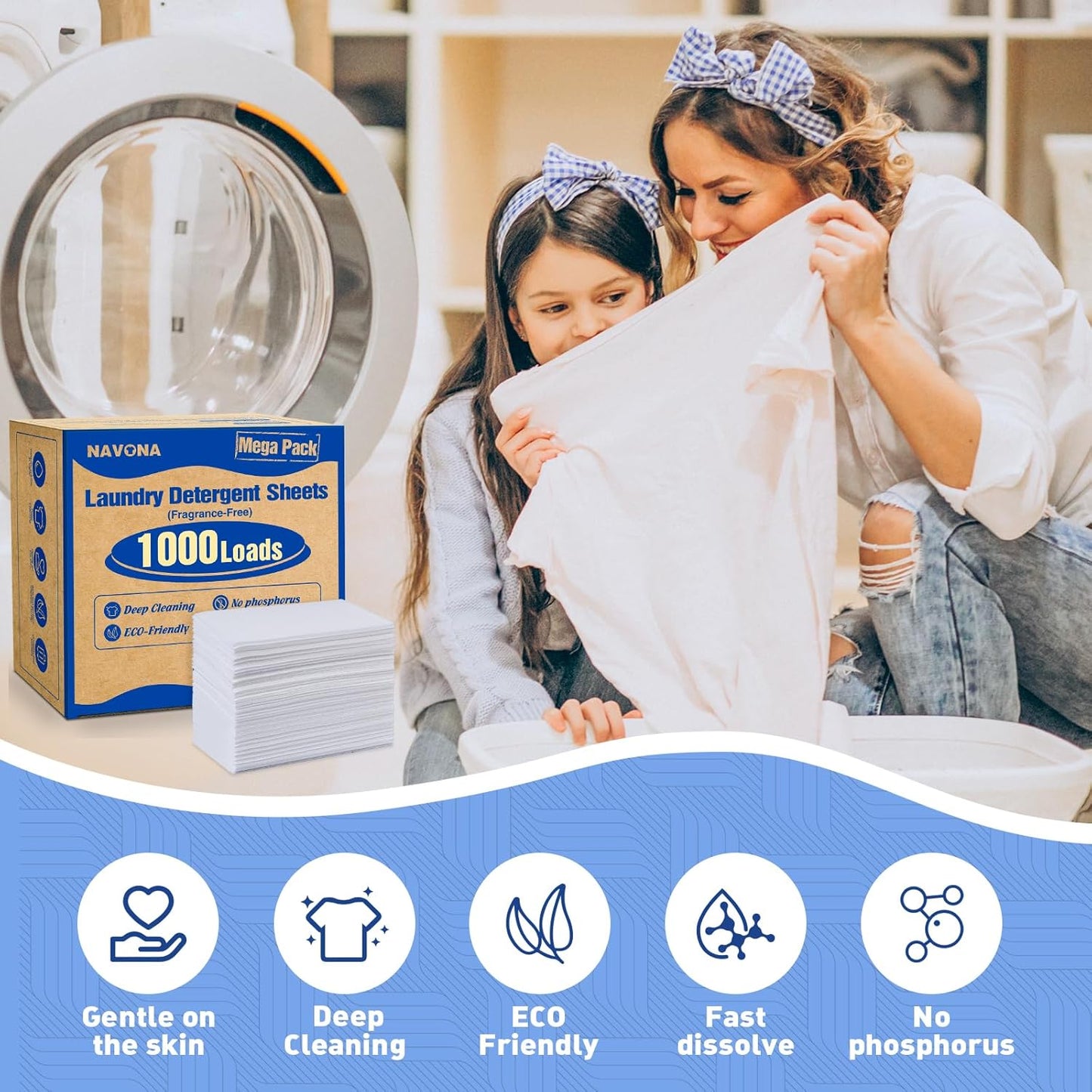 1000 Loads Mega Pack Laundry Detergent Sheets, Eco-friendly Laundry Sheets, Powerful Cleaning, Suitable for Homes, Dorms, and Apartments- [Fragrance-Free]