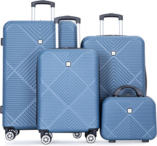 Luggage 4 Piece Set, Hardshell ABS Suitcase Set with Double Spinner Wheels, Lightweight Suitcase, Carry On and Checked Travel Luggage, Dark Blue