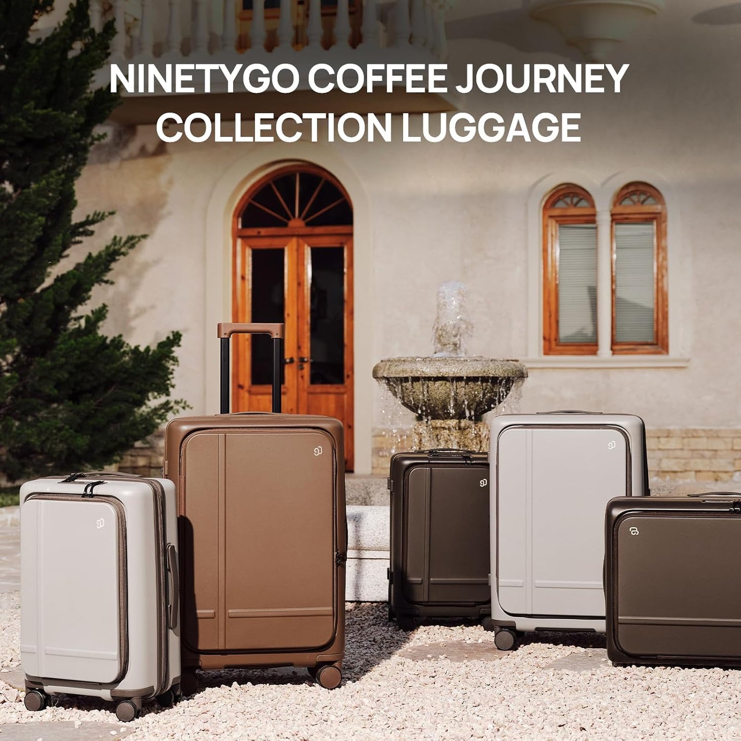 NINETYGO Medium Checked Luggage 25 Inch, Flat Top Opening Checking In Luggage with Cup Holder, Expandable, Coffee-Infused PC Hard Shell, Eco-Friendly, TSA Lock, 360° Spinner Wheels (Oats White)