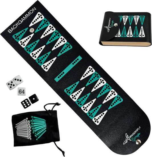 Folding Travel Backgammon Set | Pocket Backgammon Game – Folding PU Leather Board with Pegs, Dice, Doubling Cube & Drawstring Bag – Great for Flights, Beach, Camping