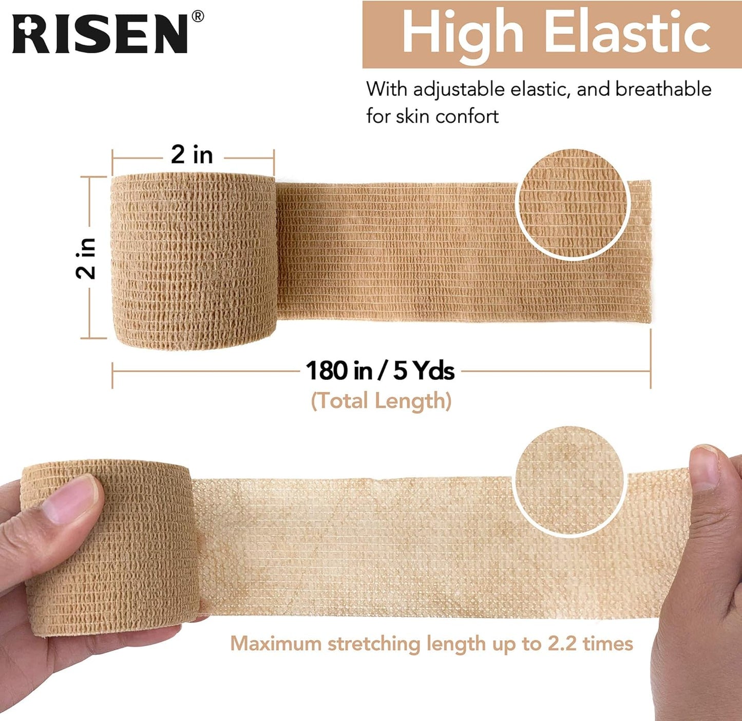 RISEN Cohesive Bandage 2” x 5 Yards, 6 Rolls, Self Adherent Wrap Medical Tape, Adhesive Flexible Breathable First Aid Gauze Ideal for Stretch Athletic