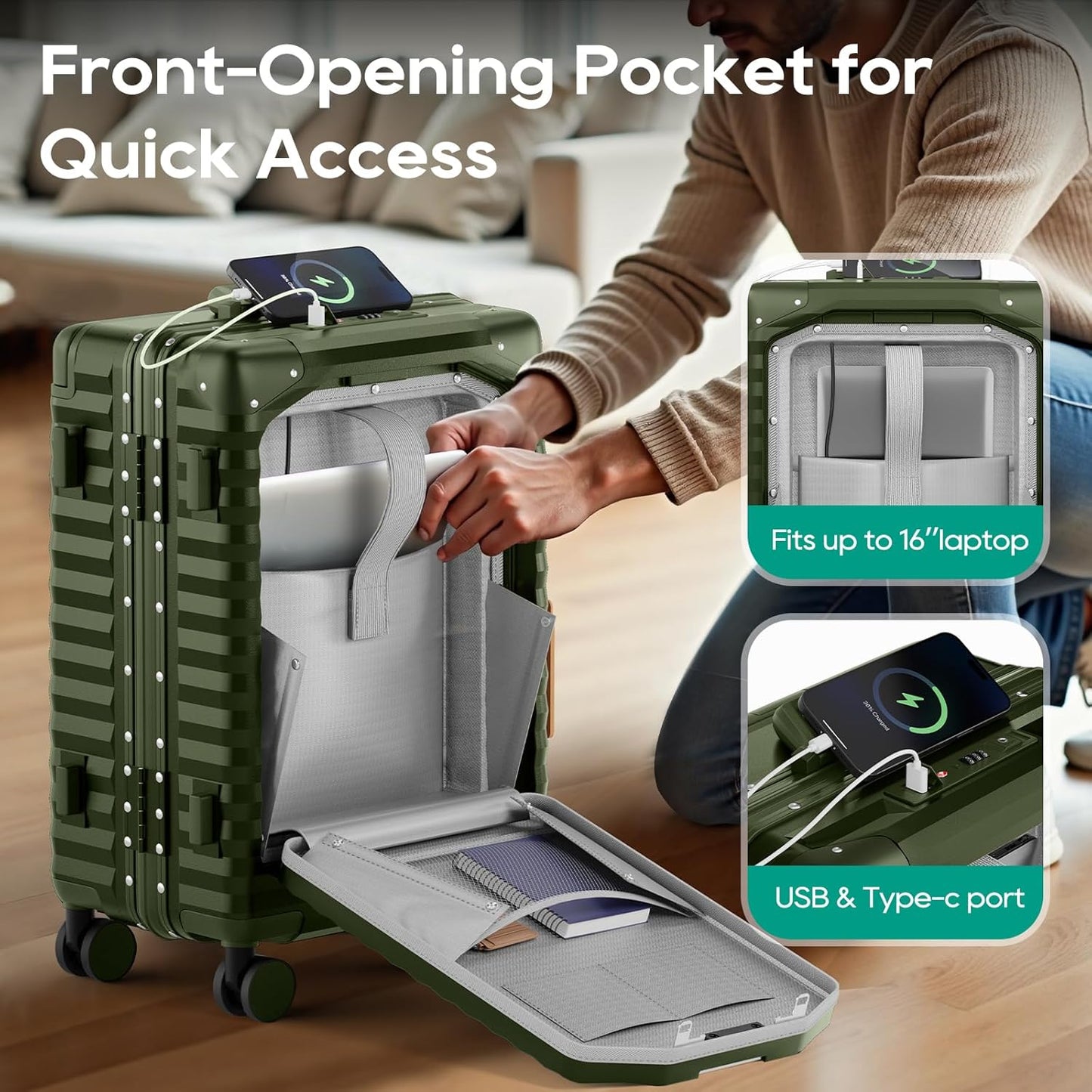 Joyway 20 Inch Carry on Luggage with Aluminium Frame and Front Pocket, PC Hardshell Suitcase with USB Port and Cup Holder, 21.5x14.2x9 Airline Approved Luggage with Spinner Wheel, TSA Lock(Dark Green)