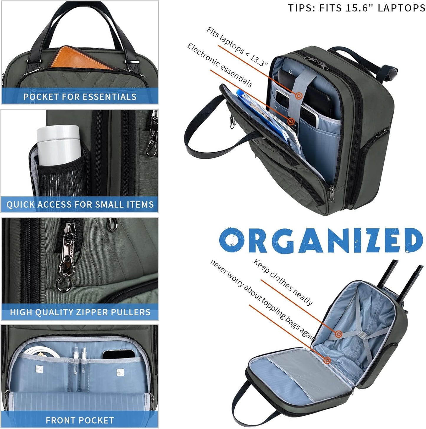 KROSER Carry On Underseat Multi-functional, 16-inch Underseater Lightweight Overnight Suitcase for Women, Army Green