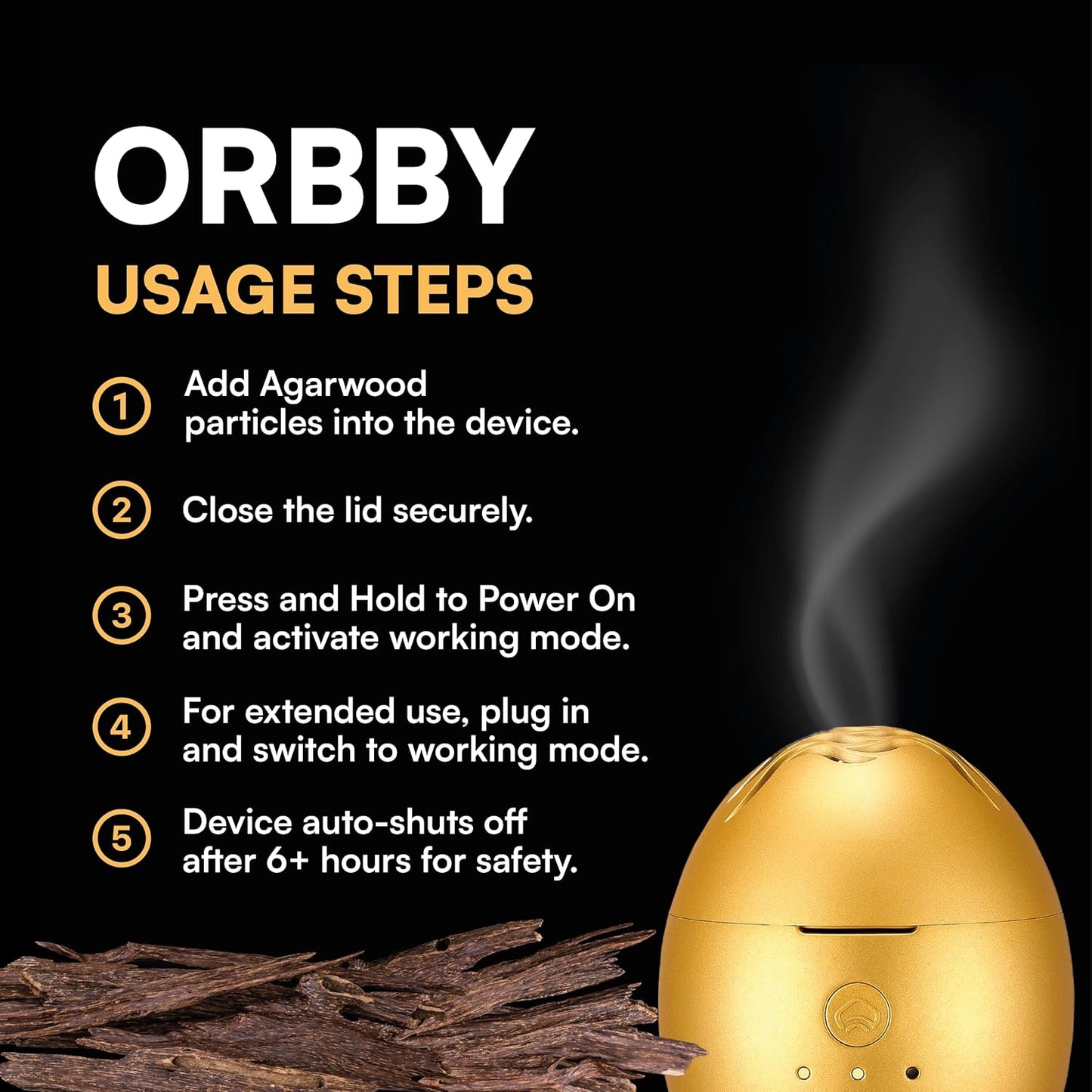 Orbby Scent Diffuser Starter Kit | Portable Small Desk Diffuser for Office: Electric Incense Burner, Cordless Pet Safe Air Freshener for Home, Odor Eliminator – Flameless (Gold, No Pellets)