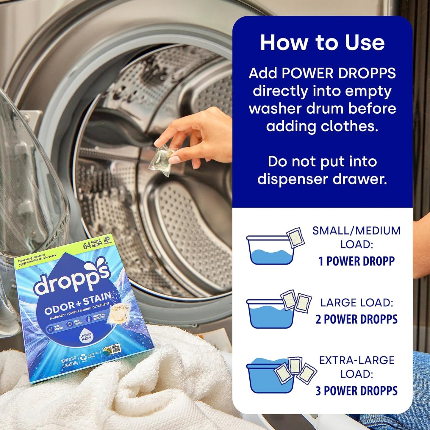 Dropps Odor & Stain Biobased Power Laundry Detergent Pods, Orange Blossom HE Compatible Laundry Pods for Fresh Clothes – Laundry Soap Supplies & Recyclable Paperboard Packaging