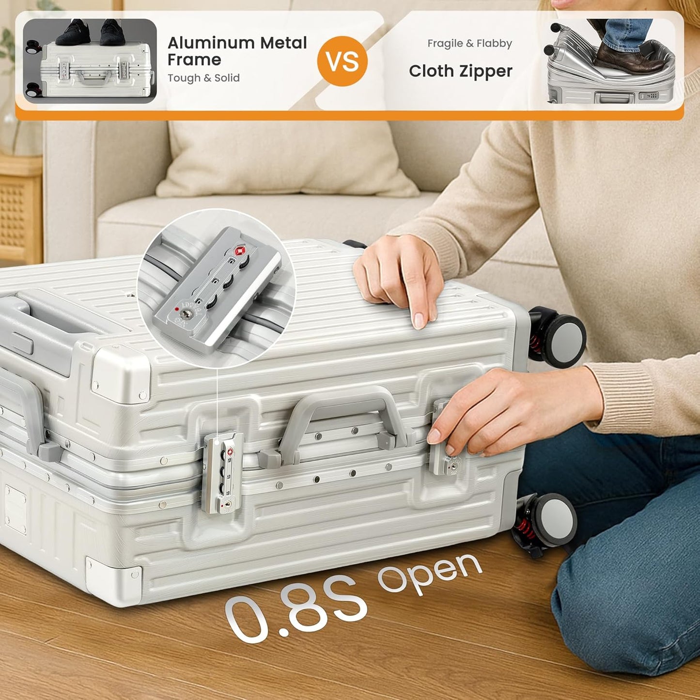 Carry On Luggage 22x14x9 Airline Approved, Zipperless Luggage Carry On, Hard Shell Suitcases with TSA Lock, Lightweight Carry On Suitcases with Aluminum Frame (white, 20inch)