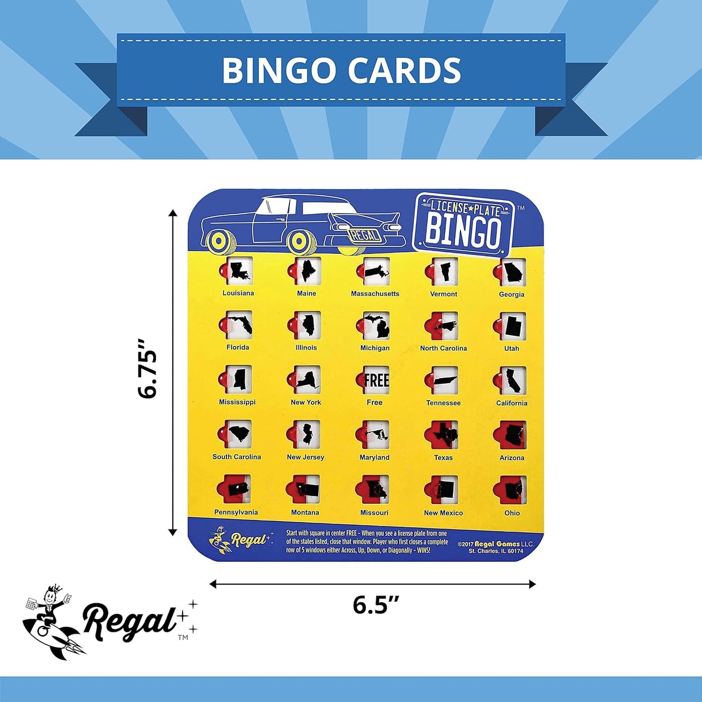 Regal Games Finger-Tip Shutter Bingo Cards with Sliding Windows - License Plate & Travel Bingo Game Set for Adults & Kids - Reusable, No Chips & Daubers Needed - 4 Packs - Yellow