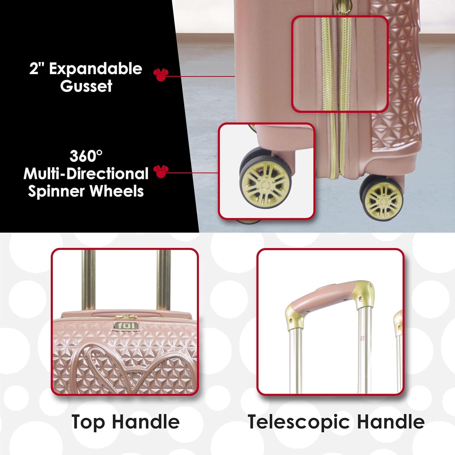 FUL Disney Rolling Luggage, Textured Hardshell Suitcase with Wheels, Minnie Mouse-Rose Gold, 25 Inch