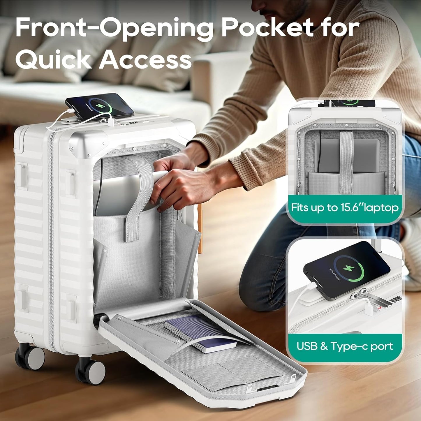 Joyway 20 Inch Carry on Luggage with Front Pocket, PC Hardshell Carry-on Suitcase with USB Port and Cup Holder, 21.5x14.2x9 Airline Approved, Luggage with Spinner Wheels and TSA Lock (White)