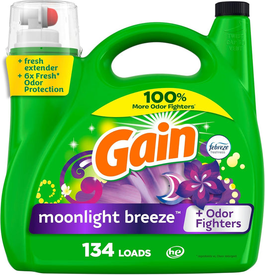 Gain Liquid Laundry Detergent, Moonlight Breeze Scent, 194 fl oz, 134 loads, Freshness + Odor Fighting, High efficiency washing machine iquid cleaning soap