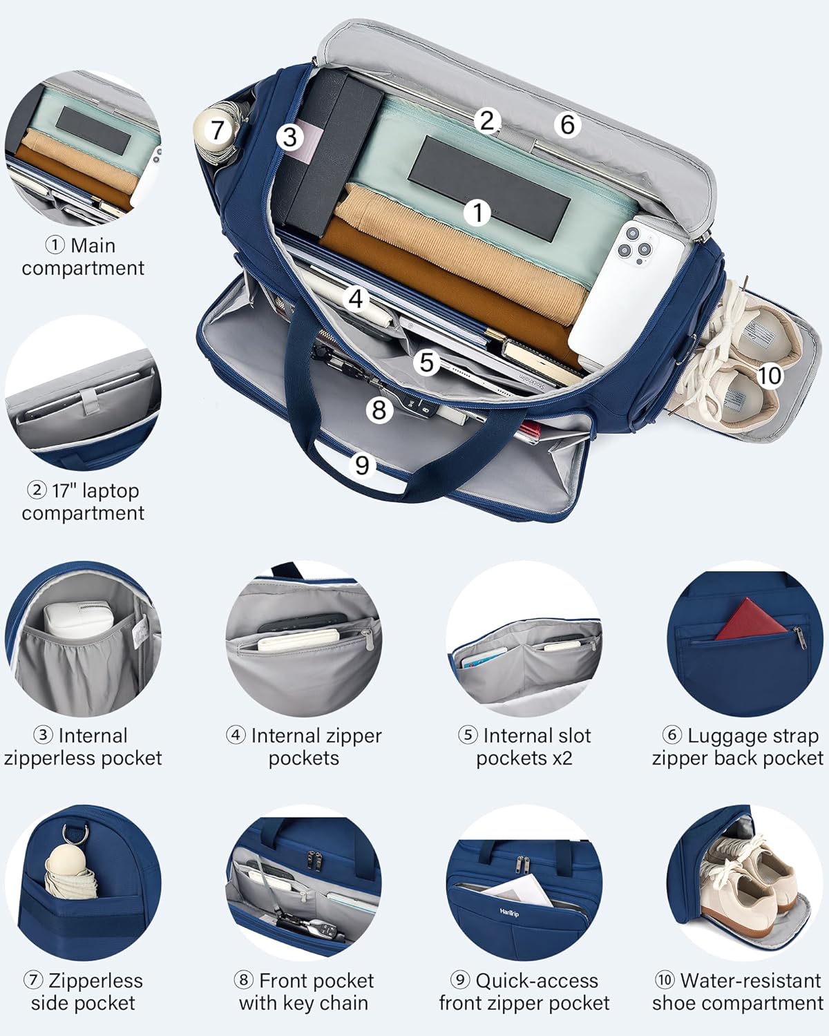 Carry on Duffel Bag Foldable Duffle Bags for Travel, Personal Item Bags for Airplanes, Weekender Overnight Mens Travel Tote Bag for Women Softside Carry on Luggage (Blue)