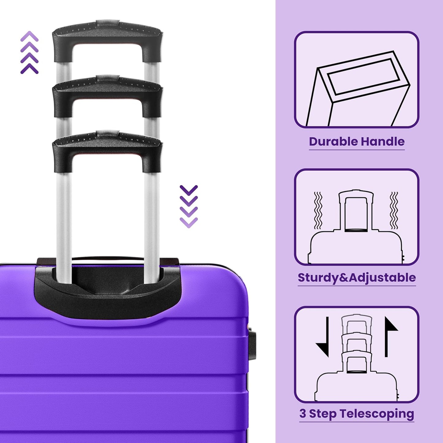AnyZip Luggage Sets 3 Piece Hardshell Suitcase Set PC ABS Lightweight Travel Suitcases with 4 Double Spinner Wheels TSA Lock 20 24 28 Inch Violet Purple