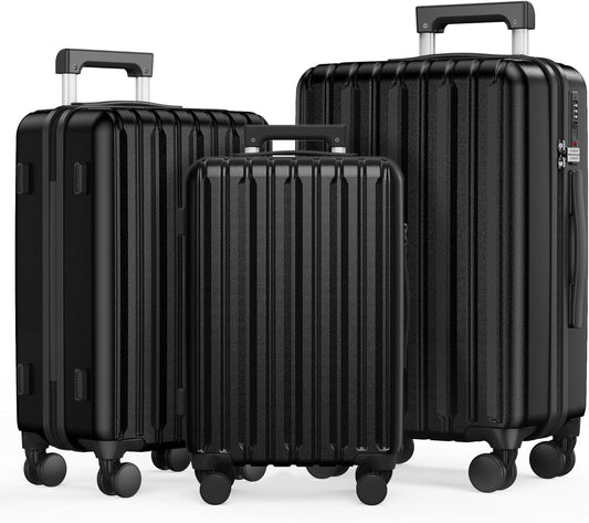 SHOWKOO Luggage Sets 3 Piece 100% PC Ultra Tough Hardside Expandable Suitcases Sets with TSA Lock Double Spinner Wheels (20in/24in/28in, Black