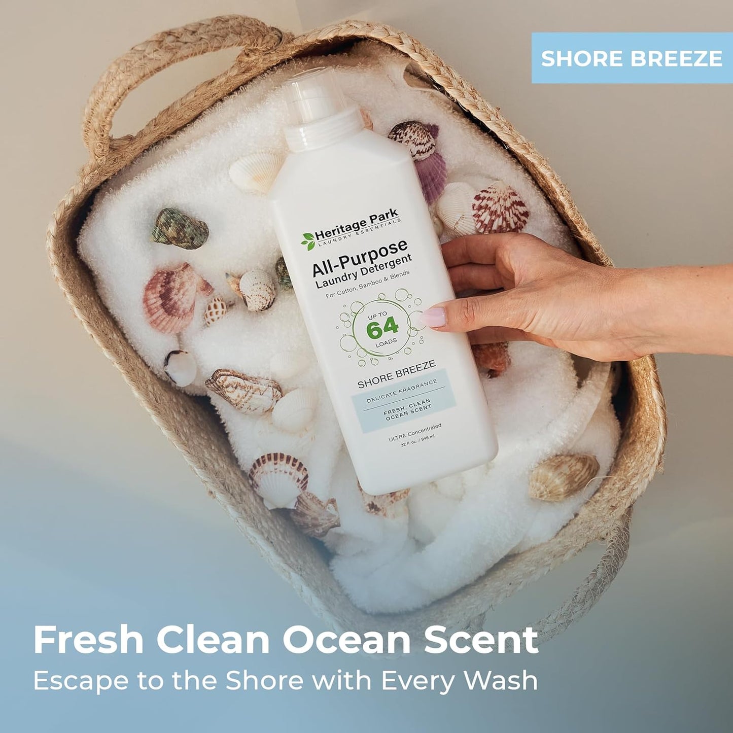Heritage Park Luxury Laundry Detergent | Dermatologist Tested Plant based Natural & Enzyme Laundry Detergent | Sensitive Skin Friendly - Shore Breeze (32 fl oz)