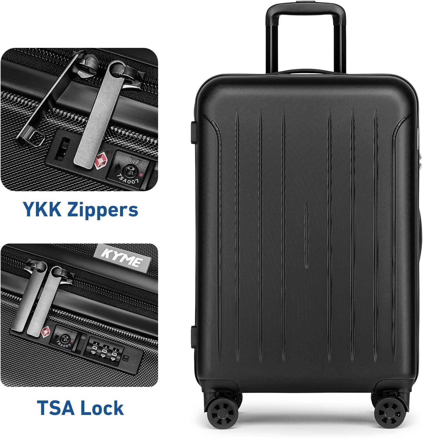 KYME 24-Inch Medium Luggage with Dual 360° Spinner Wheels Hardshell Checked TSA Approved Suitcase for Lightweight Travel (Black, 24" Checked)