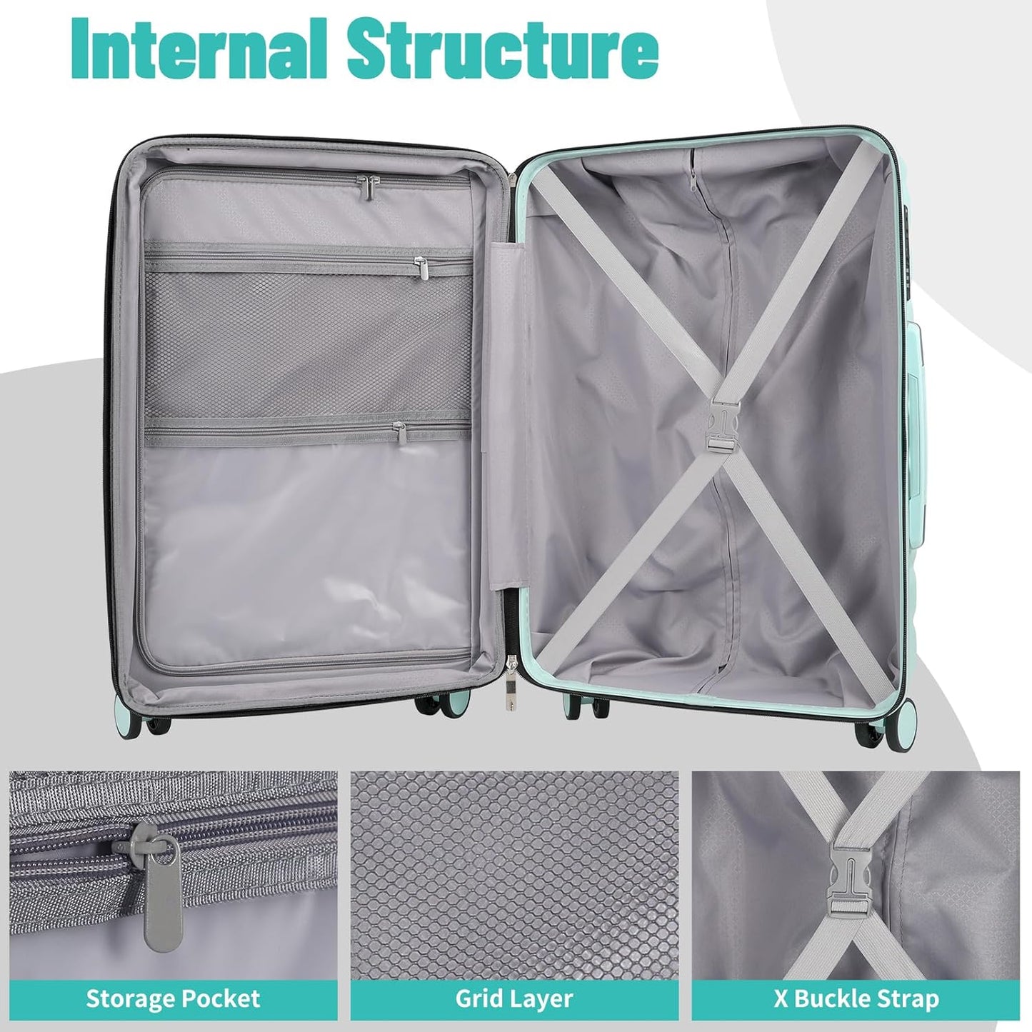 Lightweight Luggage with Spinner Wheels & YKK Zipper, 3-Piece Suitcase ABS+PC Hardside Hard Shell Luggage Set with TSA Lock, Light Mint Green (20+24+28 inch)