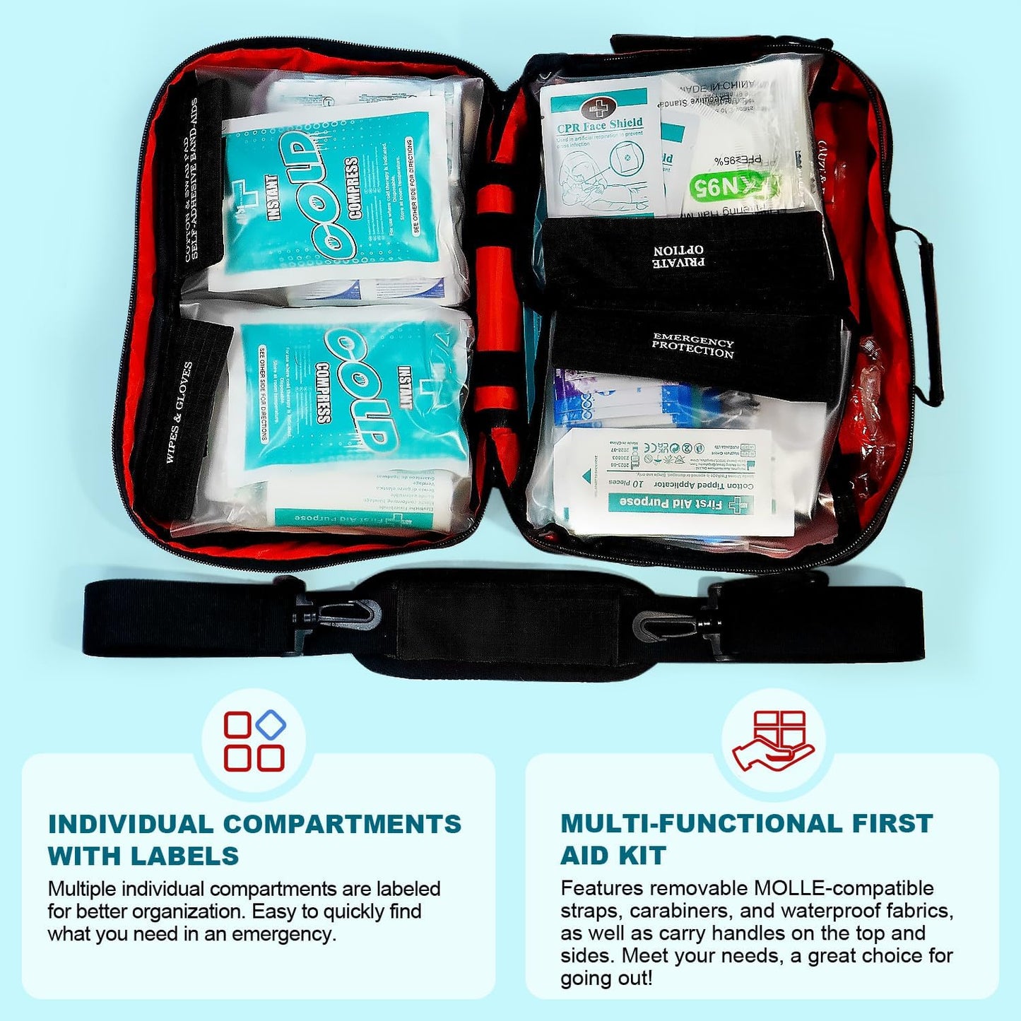 Professional 435 Pieces Large First Aid Kit - Includes Compressed Gauze - Compartments Emergency Medical Kit for Home, Camping, Backpacking, Travel, Boat, Car,Outdoors (Black)