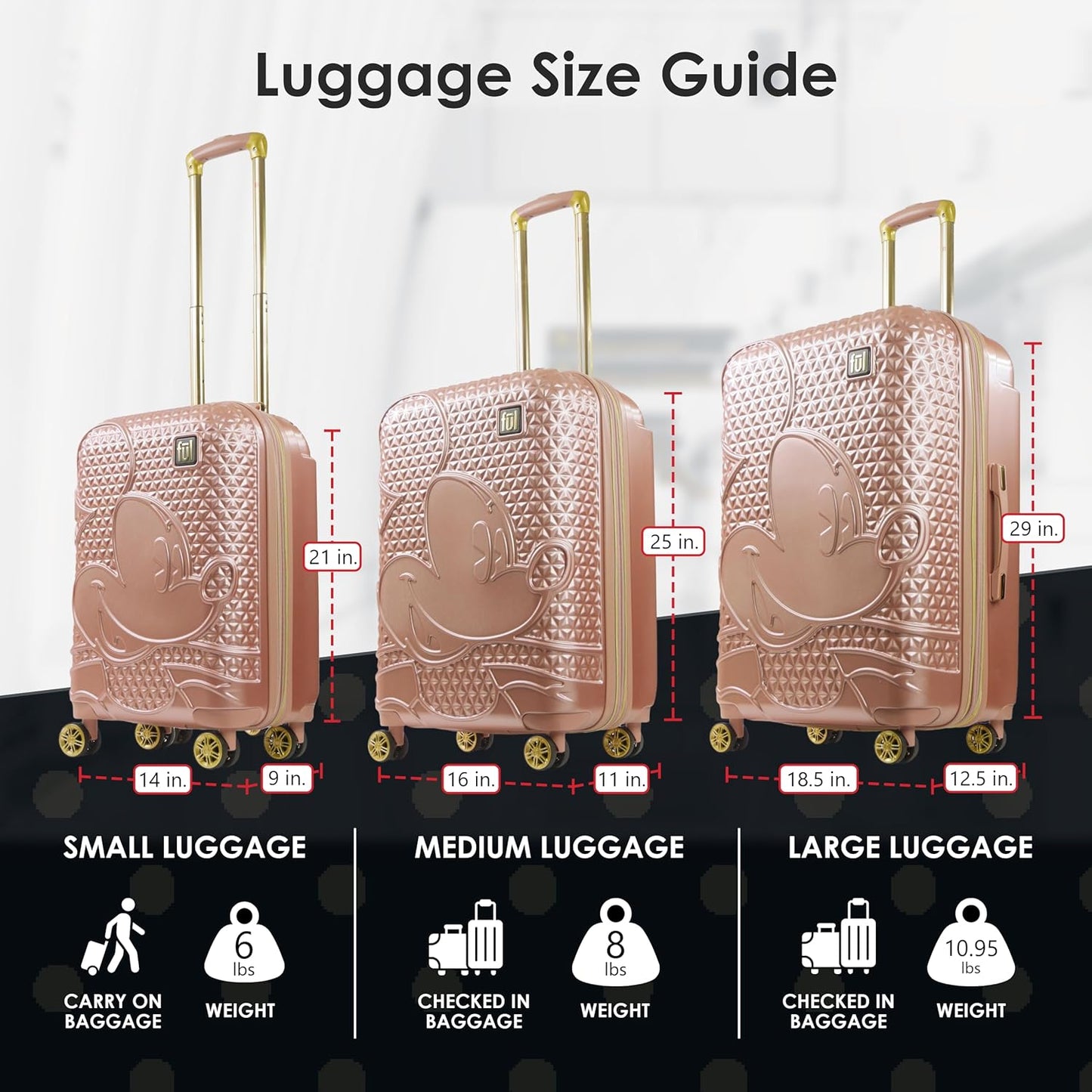 FUL Disney Mickey Mouse 3 Piece Rolling Luggage Set, Hardside Suitcase with Spinner Wheels, 21 Inch, 25 Inch and 29 Inch, Rose Gold