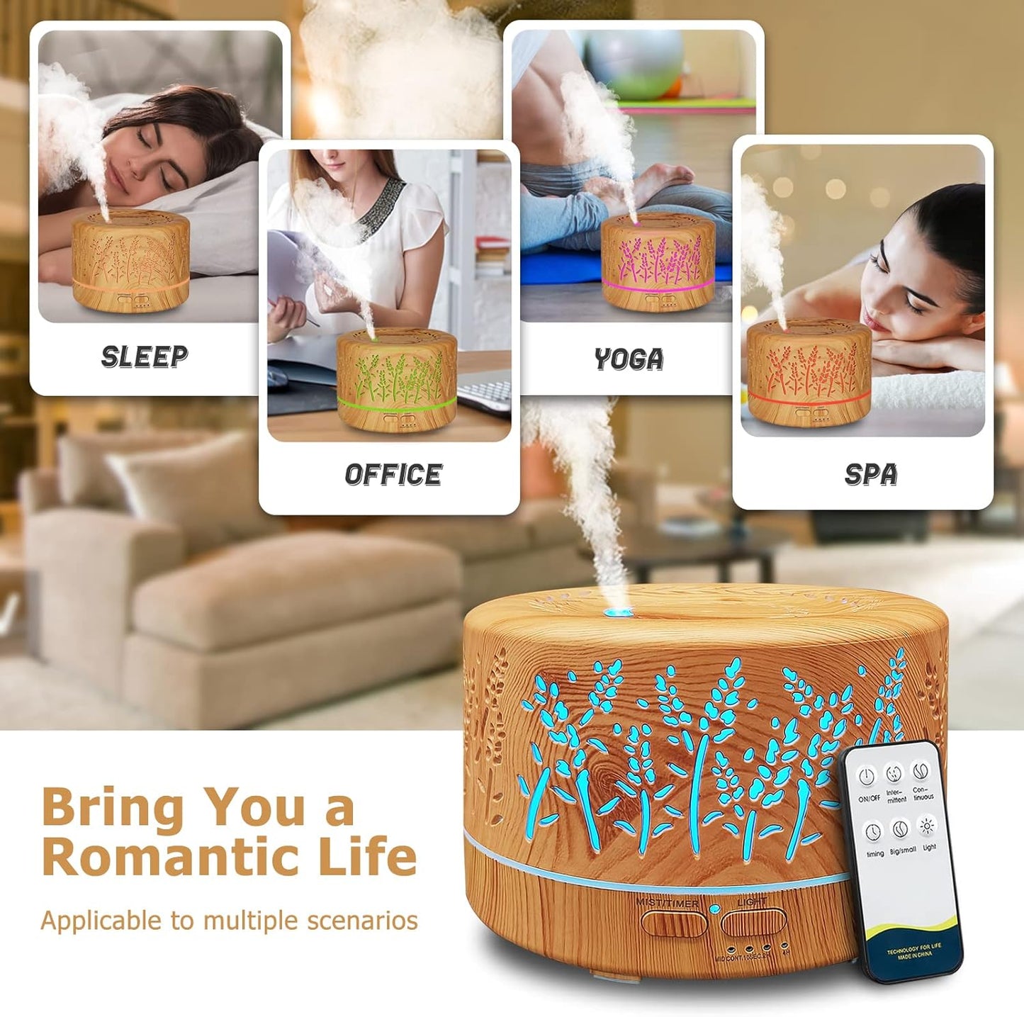 Diffusers for Essential Oils Large Room 600ml,Essential Oil Diffusers for Home with R/C,Cool Mist Humidifier,7 Colors Lights & 3 Mist Mode Waterless Auto Off for Office