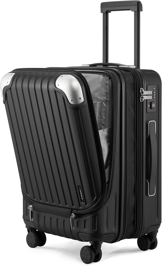 LEVEL8 Grace Hard Shell Carry on Luggage with Front Compartment, 20 Inch Expandable Suitcases with Wheels, Lightweight Carry-on Suitcase for Airplane, Tsa Lock, Black