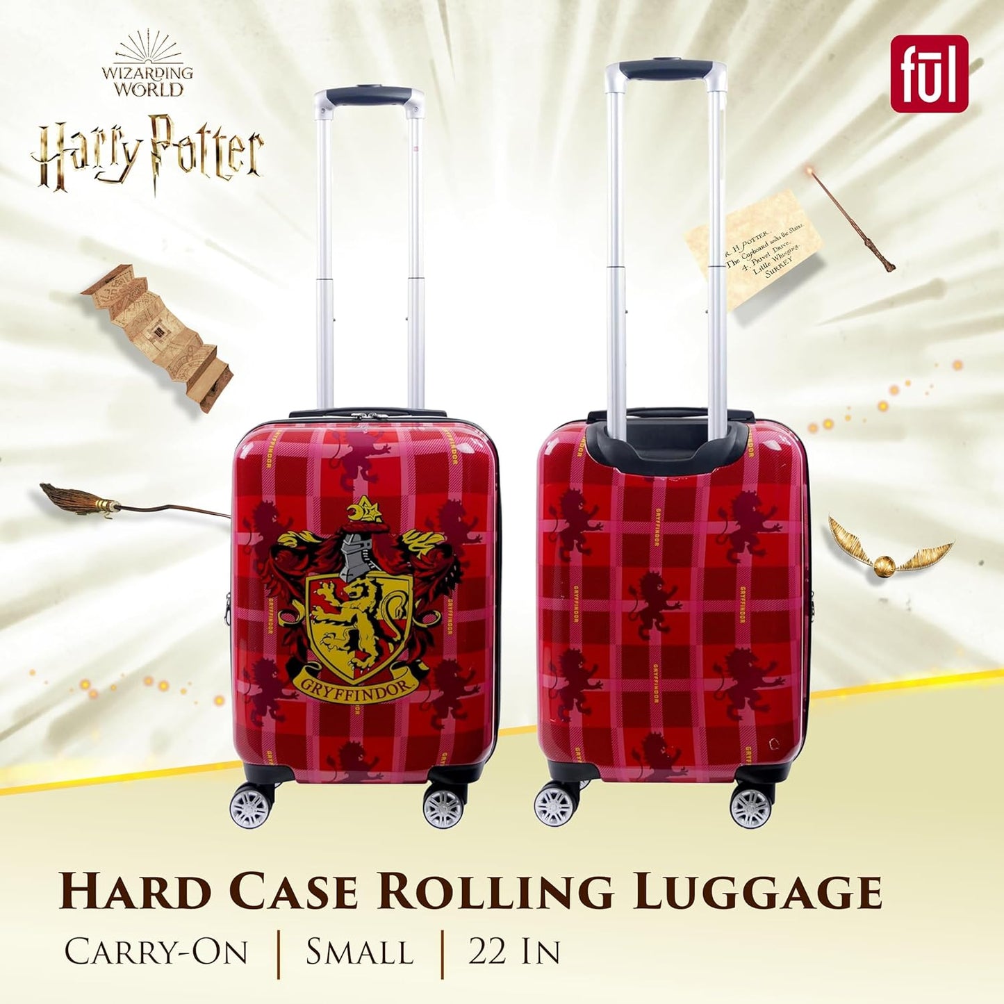 FUL Harry Potter 22 Inch Carry On Luggage, Hardshell Rolling Suitcase with Spinner Wheels, Gryffindor