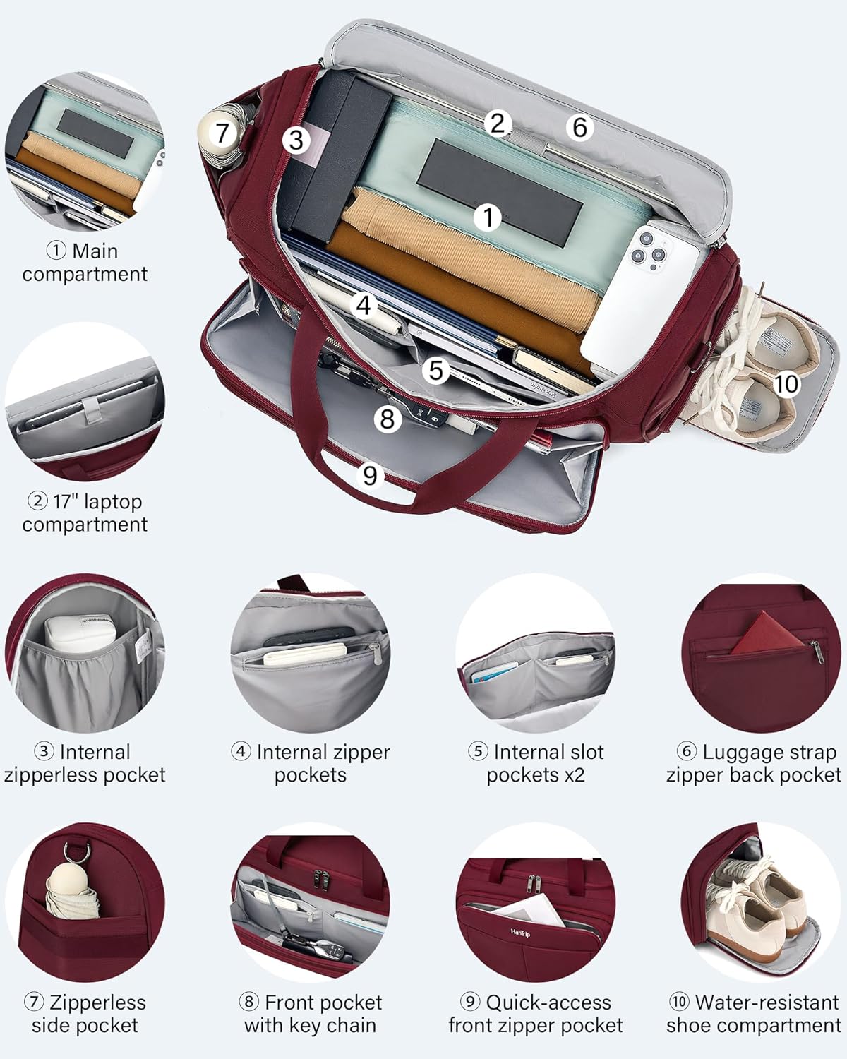 Carry on Duffel Bag Foldable Duffle Bags for Travel, Large Personal Item Bags for Airplanes, Weekender Overnight Mens Travel Tote Bag for Women Softside Carry on Luggage (Burgundy)