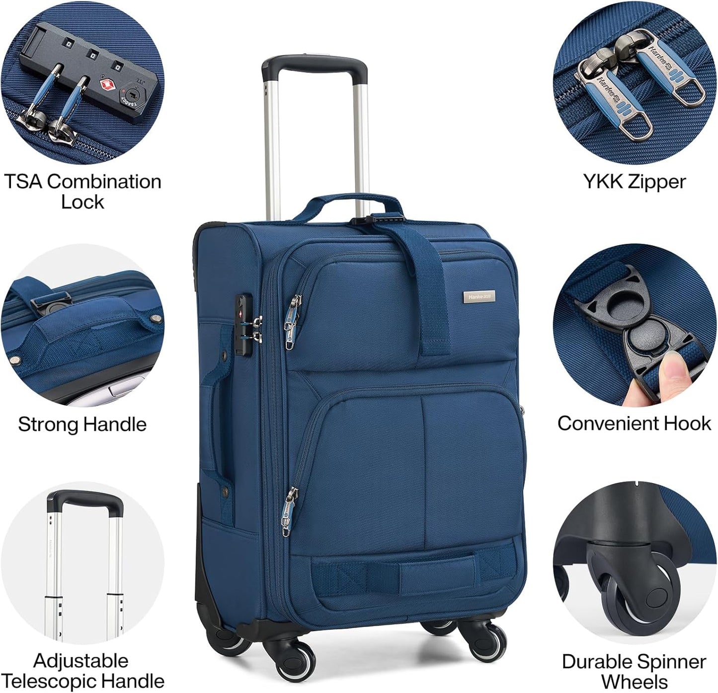 Hanke 20 Inch Softside Expandable Carry On Luggage with Spinner Wheels, Rolling Suitcase Travel Luggage with TSA Approved Luggage,Blue