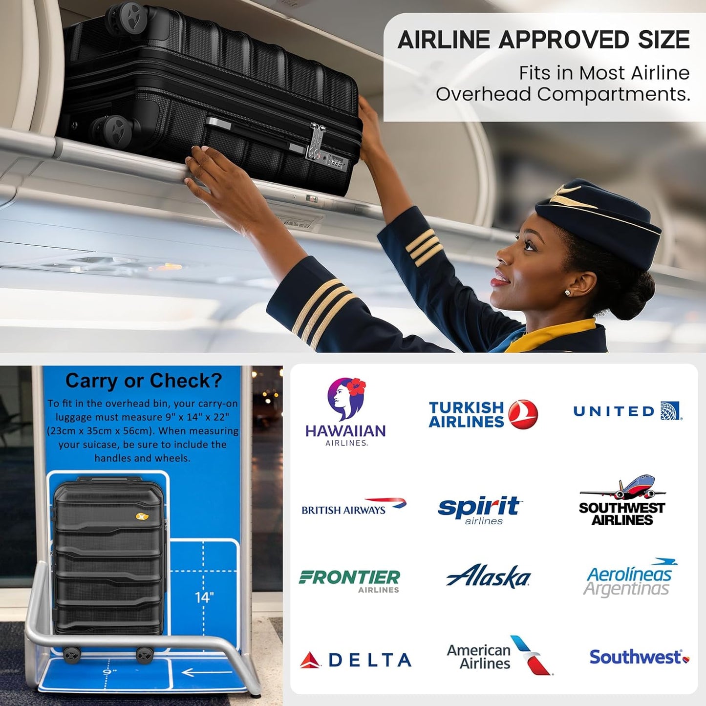 MGB 20" Carry on Luggage Airline Approved with Durable Spinner Wheels, Lightweight Hard Shell Suitcase for Weekender, Men and Women, Natural Black